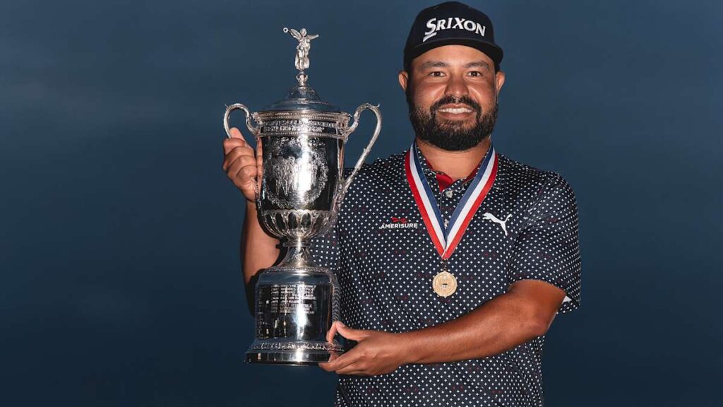 Professional golfer J.J. Spaun celebrates after winning the 2025 US Open championship